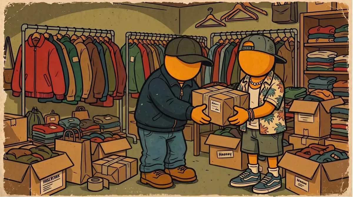 Ilustración: un vendedor de Gordo's le entrega un encargo a un comprador